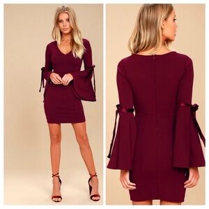 Lulu’s Once In A While Bell Sleeve Velvet Tie V Neck Mini Dress XS Dark Red
